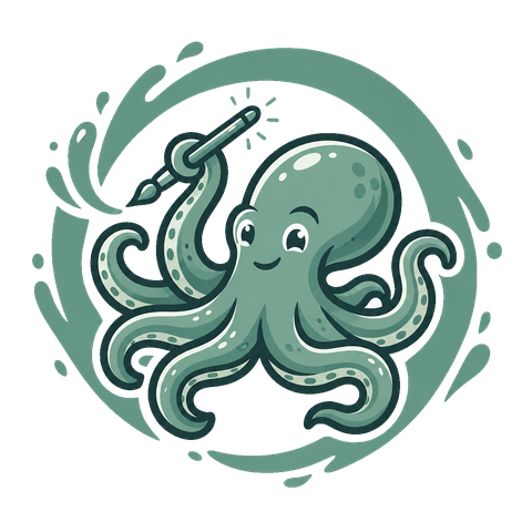 The Pergola Shack — an octopus holding an author's pen