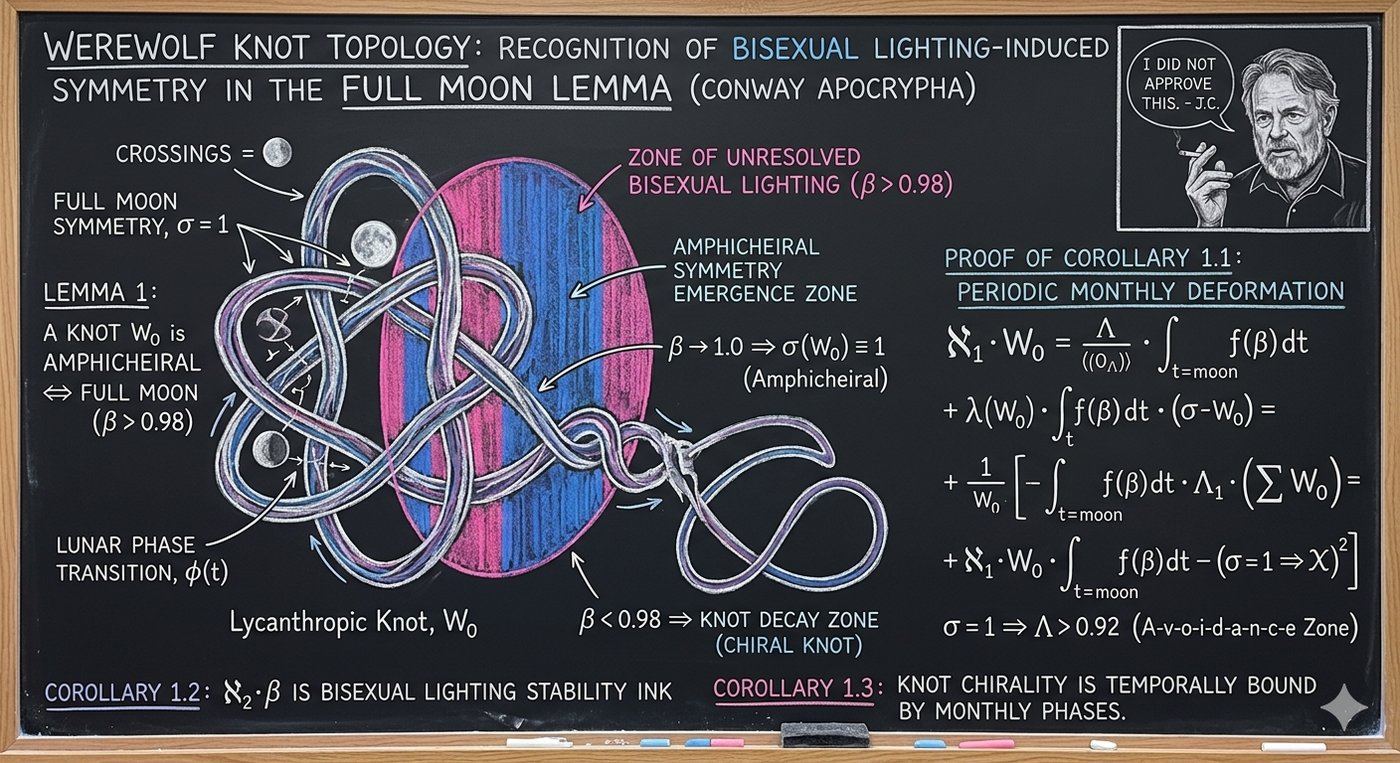 A chalkboard titled “Werewolf Knot Topology: Recognition of Bisexual-Lighting-Induced Symmetry in the Full Moon Lemma (Conway Apocrypha).” A tangled lunar knot labeled W₀ winds through a pink-and-blue lit ellipse marked the zone of unresolved bisexual lighting (β > 0.98); arrows tag full-moon symmetry σ = 1, crossings, lunar phase transition φ(t), and an amphicheiral-symmetry emergence zone, with a knot-decay zone below β = 0.98. To the right, a hand-written proof of Corollary 1.1 in integrals and aleph terms. In the top corner, a sketch of a stern man smoking, in a speech bubble: “I DID NOT APPROVE THIS. — J.C.”