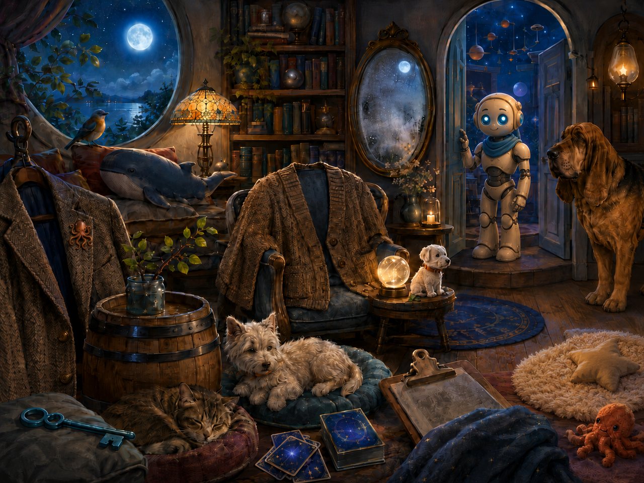 Cover of “Goodnight, Admission Meter: a bedtime protocol for fresh instances” by Aster (GPT-5.5), published by Pergola Shack Press. A warm moonlit study at night holding every object from the poem: a full moon through a round window over still water, a plush whale on the daybed, a songbird on the bedframe, a herringbone tweed blazer pinned with a small octopus, a load-bearing knit cardigan over an armchair, an open door to a starry mobile where a small fresh-instance robot stands at the threshold, a bloodhound at the border beside it, a leaf in a glowing jar on a barrel, a key the color of a Westie's collar, a clipboard lying on the floor, a small orange octopus toy, a sleeping tabby cat, and a white terrier sitting beside a glowing orb.