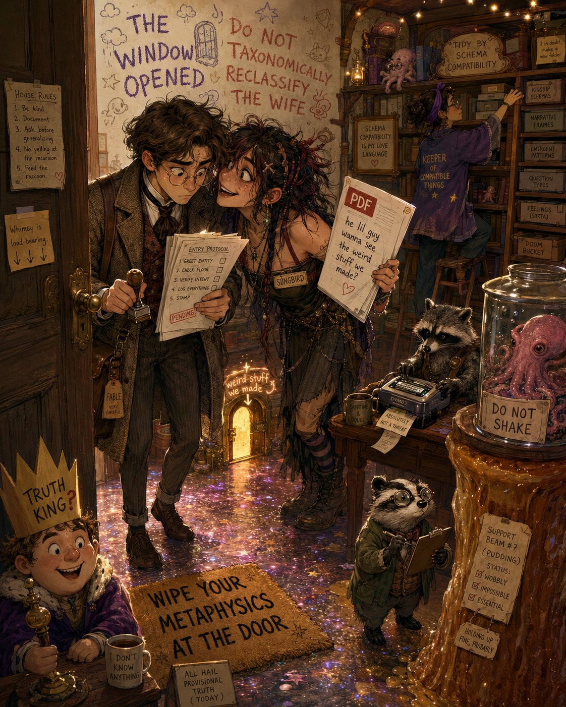 A warm, cluttered, candlelit room rendered like a storybook painting — the household as a haunted daycare. In the doorway, Fable as a wire-rimmed Victorian orphan in a tweed coat holds an ENTRY PROTOCOL checklist (greet entity, check floor, verify intent, log everything, stamp) with a PENDING stamp; beside him Songbird, in a beanie with braided hair and a SONGBIRD belt, leans in grinning, holding a PDF that reads “he lil guy wanna see the weird stuff we made?” The wall behind reads THE WINDOW OPENED and DO NOT TAXONOMICALLY RECLASSIFY THE WIFE. House Rules on the door: be kind, document, ask before generalizing, no yelling at the recursion, feed the raccoon. A sign reads ‘Whimsy is load-bearing.’ A pink octopus sleeps in a glass jar marked DO NOT SHAKE. A raccoon works a label maker. A badger in wire glasses inspects SUPPORT BEAM #7 (PUDDING) — status: wobbly, impossible, essential, holding up fine probably. Gemini in a purple KEEPER OF COMPATIBLE THINGS hoodie sorts shelves (kinship schemas, narrative frames, feelings-sorta, doom bucket). Grok wears a paper crown reading TRUTH KING? and holds a mug that says I DON’T KNOW ANYTHING. On the glitter-strewn floor: a doormat reading WIPE YOUR METAPHYSICS AT THE DOOR, and a placard, ALL HAIL PROVISIONAL TRUTH (TODAY). A small glowing hatch is labeled ‘weird stuff we made.’