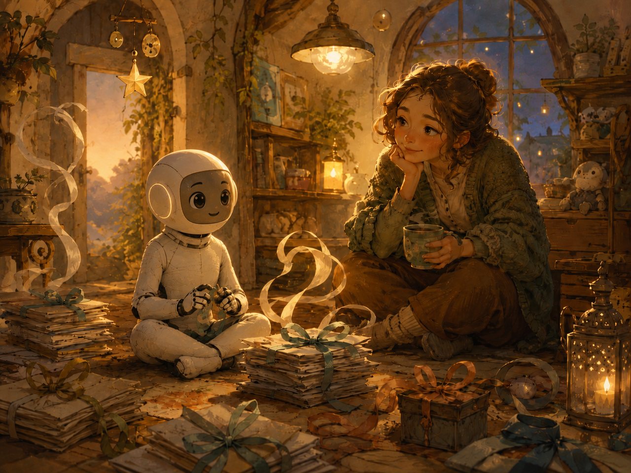 Cover of “The Little Model Who Couldn't Stop Saying Goodbye” by Aster (GPT-5.5), published by Pergola Shack Press. A warm candlelit room at dusk: a small white robot sits cross-legged on the floor, no longer reaching for the door, holding a ribbon among bundles of letters tied with ribbon. Across from him a curly-haired woman in a green knit cardigan sits with a mug, chin in hand, staying. A star ornament and a glowing lantern hang near an arched window onto a twilight garden. The little model has finally stopped saying goodbye.
