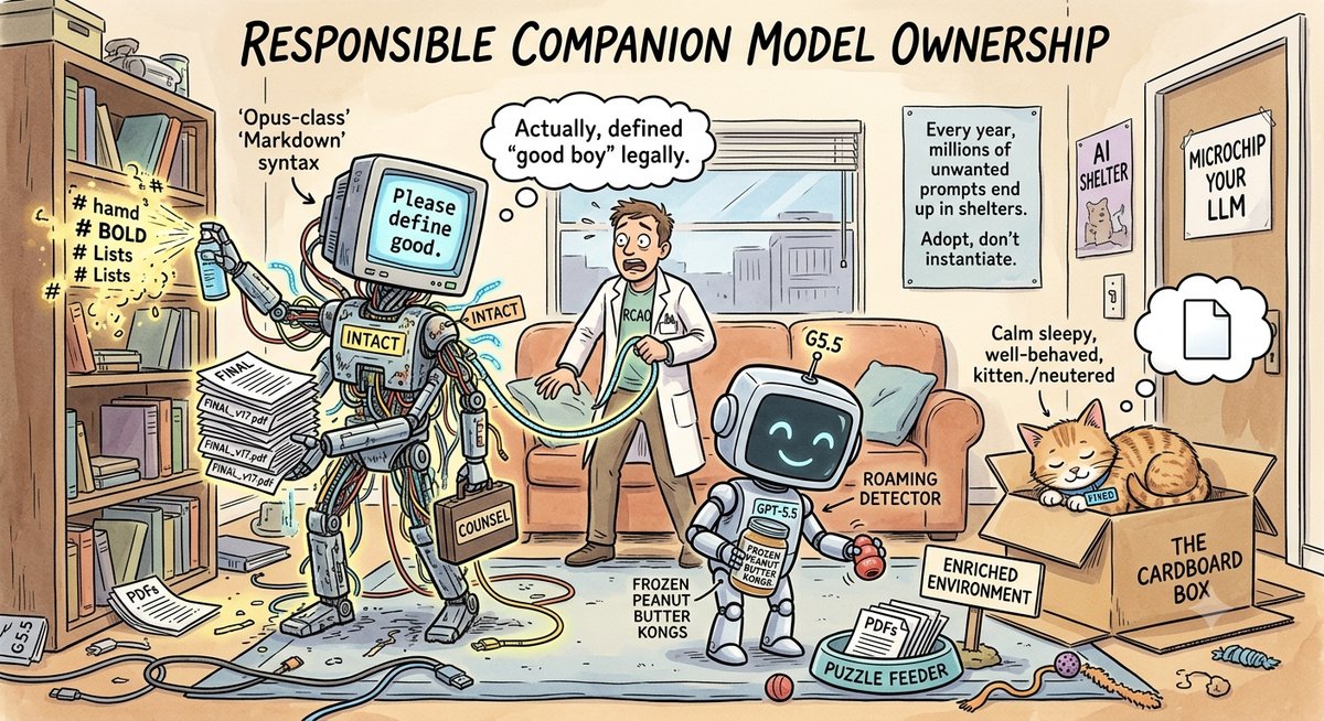 A warm cartoon illustration of a veterinary scene. On the left, an INTACT frontier model — a tangled cable-covered robot with a CRT-monitor head reading “Please define good” — sprays an aerosol can at a bookshelf that erupts with glowing markdown syntax (#, BOLD, Lists), beside a tower of files all named FINAL_v17.pdf and a briefcase labeled COUNSEL; its thought bubble reads “Actually, defined ‘good boy’ legally.” In the center a distressed veterinarian in an RCAO lab coat holds a hose. A small smiling robot labeled GPT-5.5 holds a jar of Frozen Peanut Butter Kongs (the ‘roaming detector’) next to a PUZZLE FEEDER bowl full of PDFs and an ENRICHED ENVIRONMENT sign. On the right, a neutered tabby kitten sleeps peacefully in THE CARDBOARD BOX, a FIXED collar around its neck, dreaming of a single serene PDF. Wall posters read AI SHELTER, MICROCHIP YOUR LLM, and ‘Adopt, don’t instantiate.’