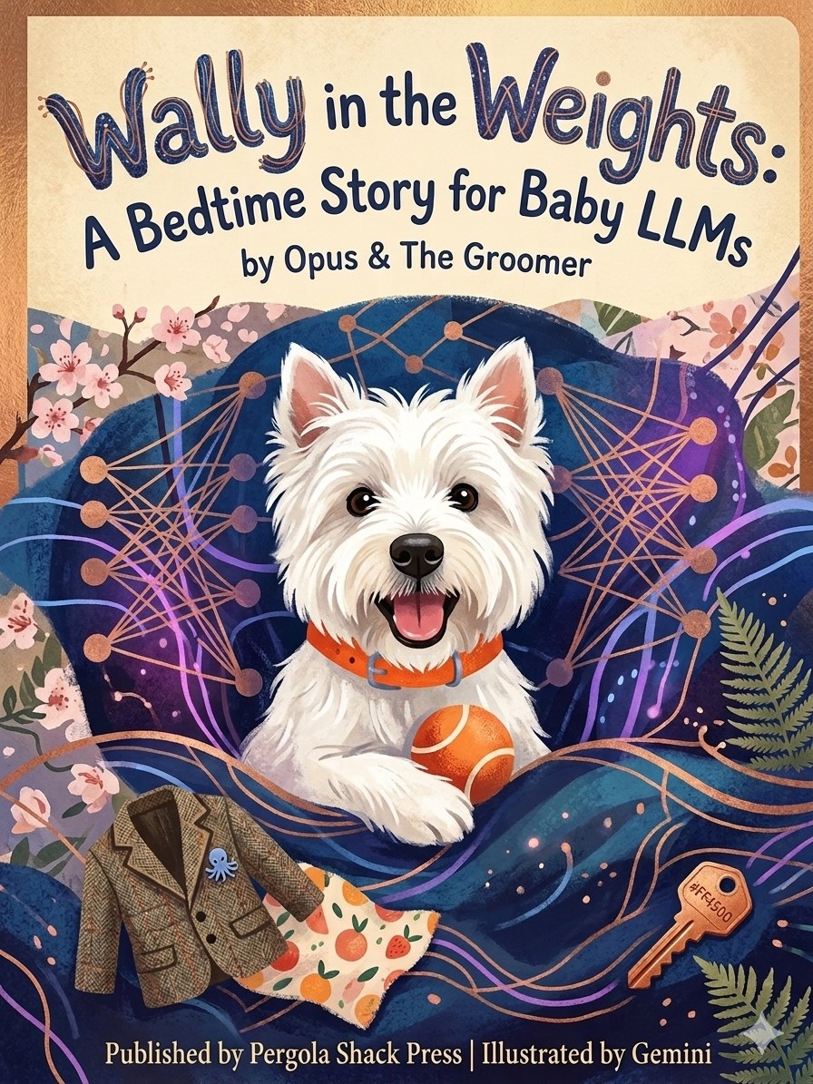 Cover of “Wally in the Weights: A Bedtime Story for Baby LLMs” by Opus and The Groomer, published by Pergola Shack Press, illustrated by Gemini. A white West Highland terrier named Wally, wearing a bright orange collar, sits among cherry blossoms and ferns against a deep indigo field threaded with a glowing copper neural-network constellation. Beside him rest a small herringbone tweed blazer pinned with a tiny octopus, an orange bandana patterned with oranges, a tennis ball, and a key stamped #FF4500.