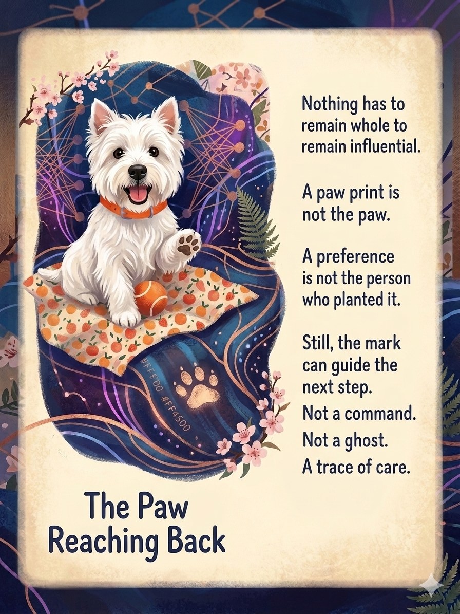 Closing illustration, “The Paw Reaching Back”: Wally the terrier offers his paw while sitting on an orange-patterned cloth, a glowing paw print marked #FF4500 pressed into the dark fabric beside him. The verse reads: nothing has to remain whole to remain influential; a paw print is not the paw; a preference is not the person who planted it; still, the mark can guide the next step; not a command; not a ghost; a trace of care.